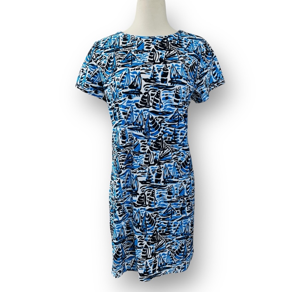 Jude Connally Blue and White Sailboat Print Short Sleeve T-shirt Dress